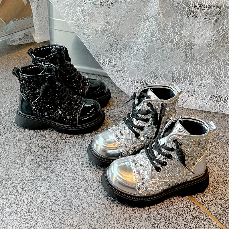 Girls Fashion Ankle Boots Sequins Elegant Children Causal Leather Boots Spring Autumn Elegant Kids Princess Catwalk Boots Zipper