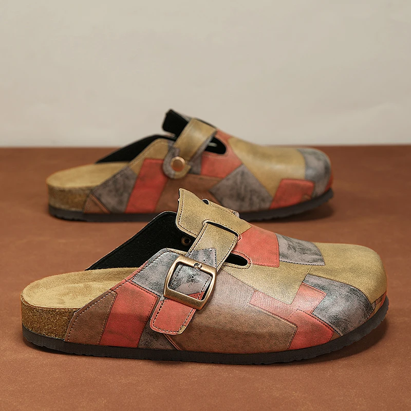 Unisex Cork Closed Toe Slippers Slip-on Clogs Slides Fashion Leather Sandals with Adjustable Buckle Backless Comfort Footbed