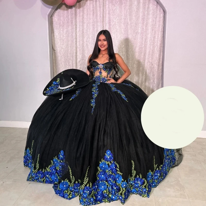 

2024 Black Ball Gown Elegent Princess Appliques Lace Tull Quinceanera Dresses Luxury Birthday Party Dresses vestidos de 15