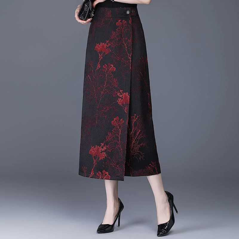 봄 여름 가을 중국풍 원피스 스커트 여성 스커트 패션 프린트 백힙 스트레이트 튜브 슬릿 원피스 스커트