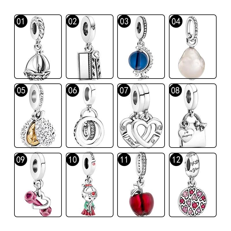 925 Silver Pendants Charms For Women Bracelets DIY Sail Boat Globe Durian Fruit Sister Heart Bag Dumbbell Korean Doll Red Apple