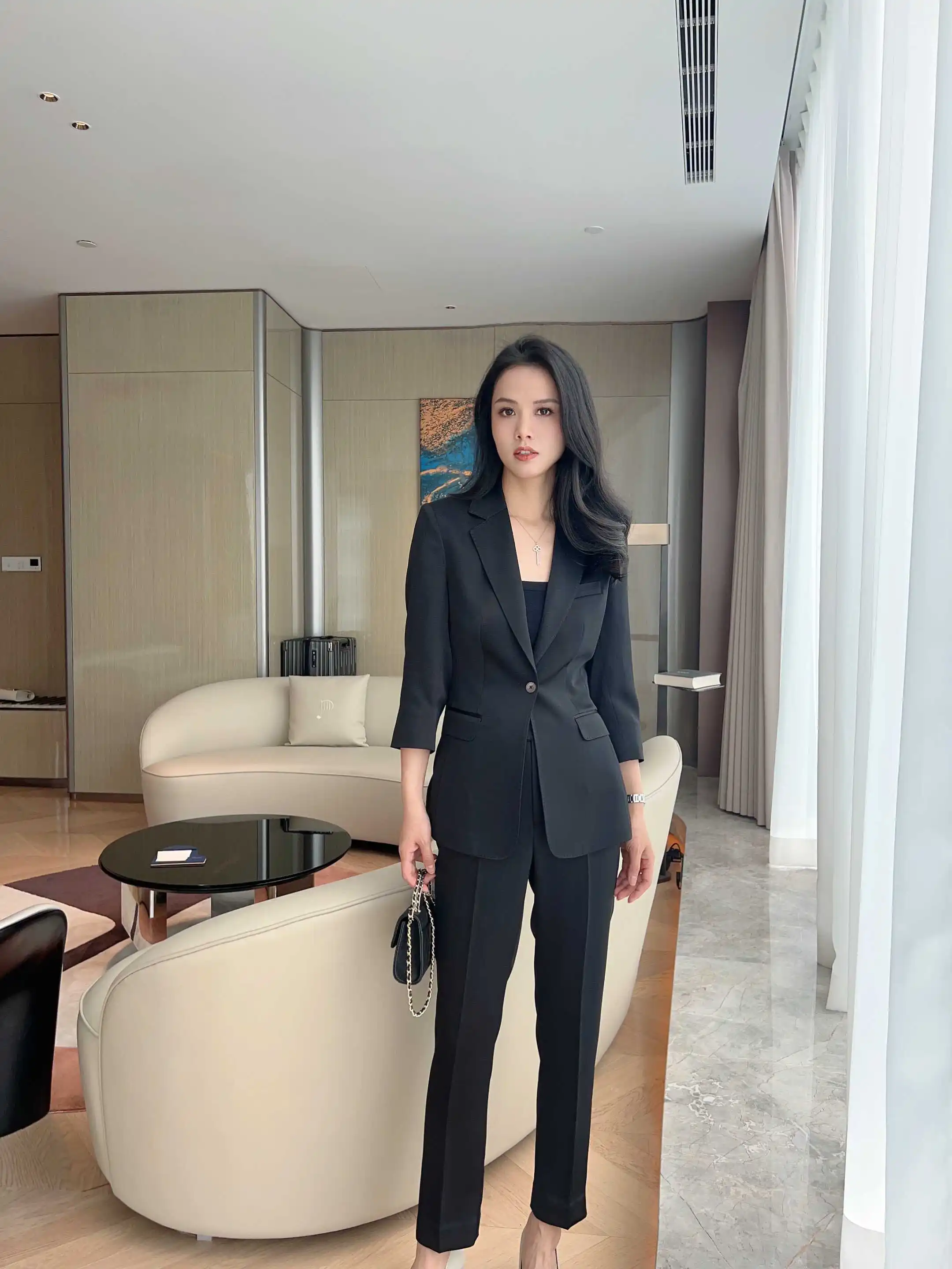 

Женский костюм из ацетатного трикотажа, летний, с рукавом три четверти, на подкладке, стройнящий, в западном стиле, комплект из брюк-кюлот (девять четвертей длины)