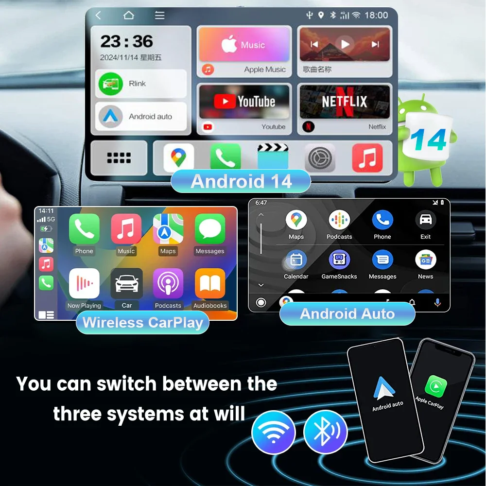 2025 Android 14 3-in-1 CarPlay Smart Box Wireless Android Car Adapter supports YouTube, Netflix Plug-and-Play
