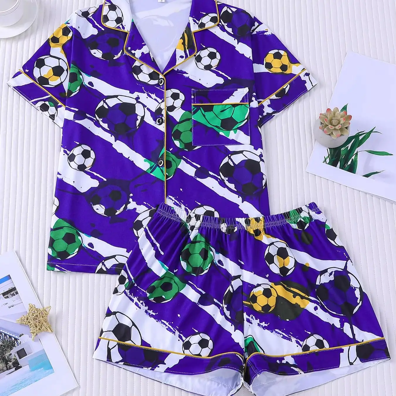 

Women's Purple Football Printed Pajama Set, Flip Collar Cardigan, Loose and Slimming, Sports Style, Two Piece Home Pajama Set