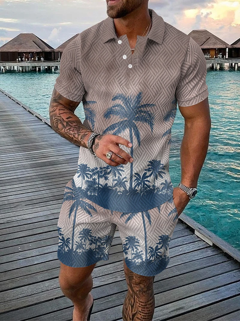 Summer Men Suit 3D Print Beach Coconut Trees Button Polo Shirt + Shorts Two Piece Set  Fashion Casual Man Clothing Tracksuit Set