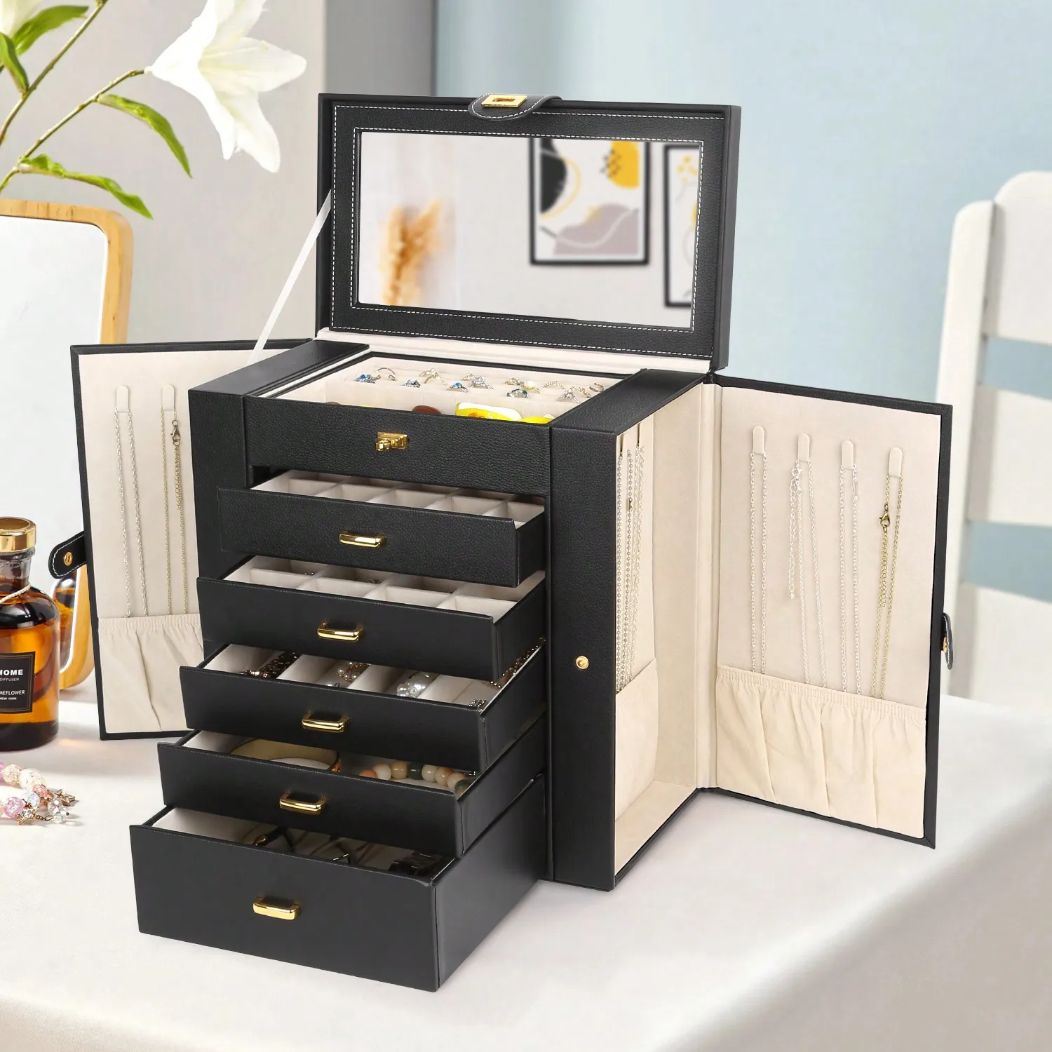 

Jewelry Box For Women, Jewelry Case PU Leather(Black), 6 Tier 5 Drawers Large Storage Capacity With Mirror Jewelry S