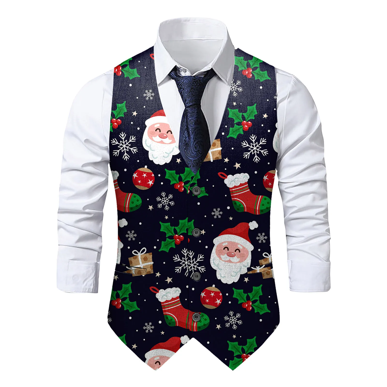 Sleeveless Christmas Printed Music Suits Vest Men Single-Breasted Funny Party Blazers 2024 New Fashion V Neck Jacket Waistcoat