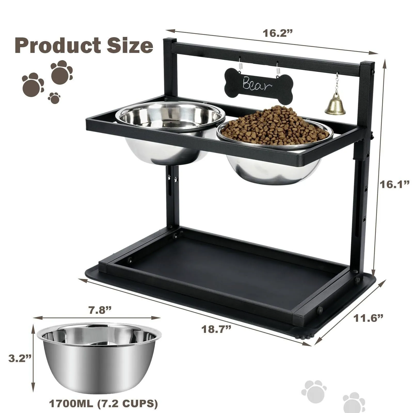 Non-Slip Dog Feeder for Large Medium Dog Elevated Adjustable Raised Bowl Stand with 2 Stainless Steel Dog Food Bowl