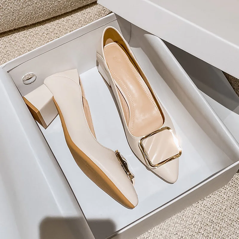 

Chunky Heels Shoes Woman Slip on Office Pump Fashion Pointed toe Slides Vintage Shallow Heel Big Size Comfortable Mary Jane Shoe