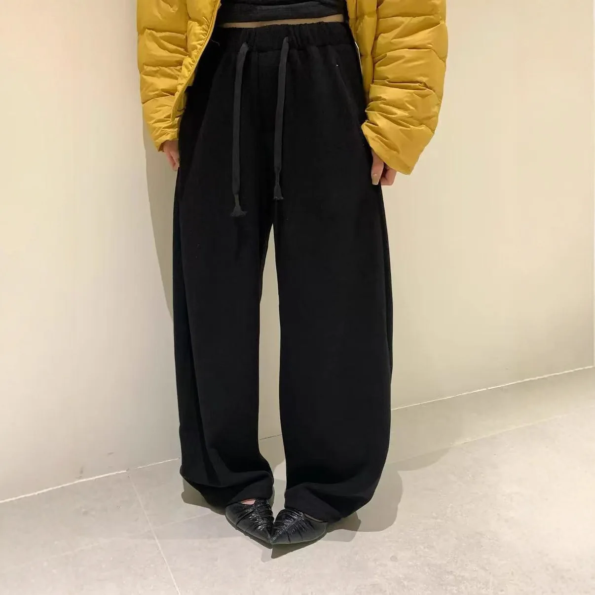 Retro Slimming Thickened Fleece Casual Floor-Length Pants Women's Bend Knife High Waist Loose Fit Long Trousers Korean Style