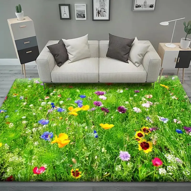 3D Green Lounge Carpet Home Living Room Decor Chamomile Flower Pattern Decoration Bedroom Room Rug Soft Fluffy Bedside Floor Mat