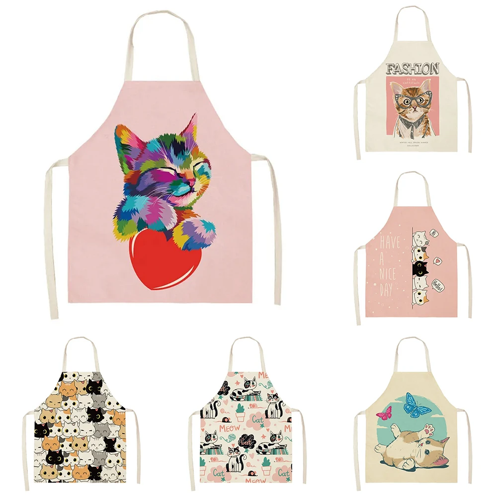 Cartoon Cat Love Print Apron Home Kitchen Cooking Home Linen Sleeveless Color Pattern Adult Children Apron Parent-child Wear