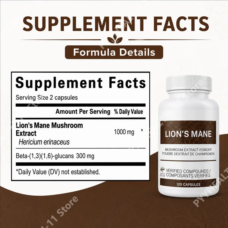 Lion’s Mane Mushroom Capsules Supplement with Beta Glucans Focus & Mental Clarity Support Daily Wellness Formula 120 Count view 2