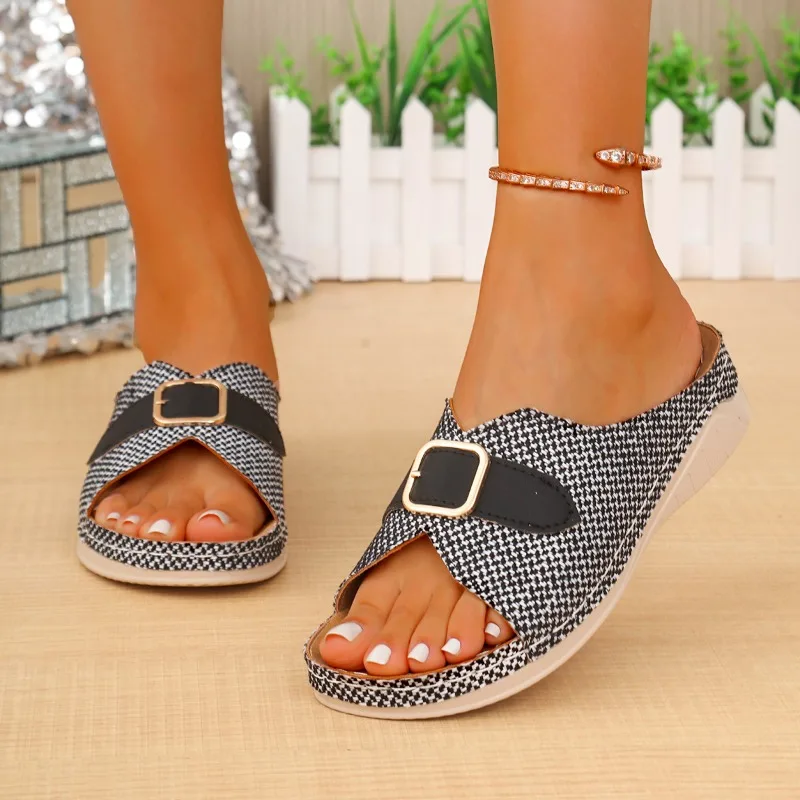 

Hot Seller Slippers for Women 2025 Summer New Style Slope Heel Cool Drag One Line Beach Foreign Trade Large Sandals for Women