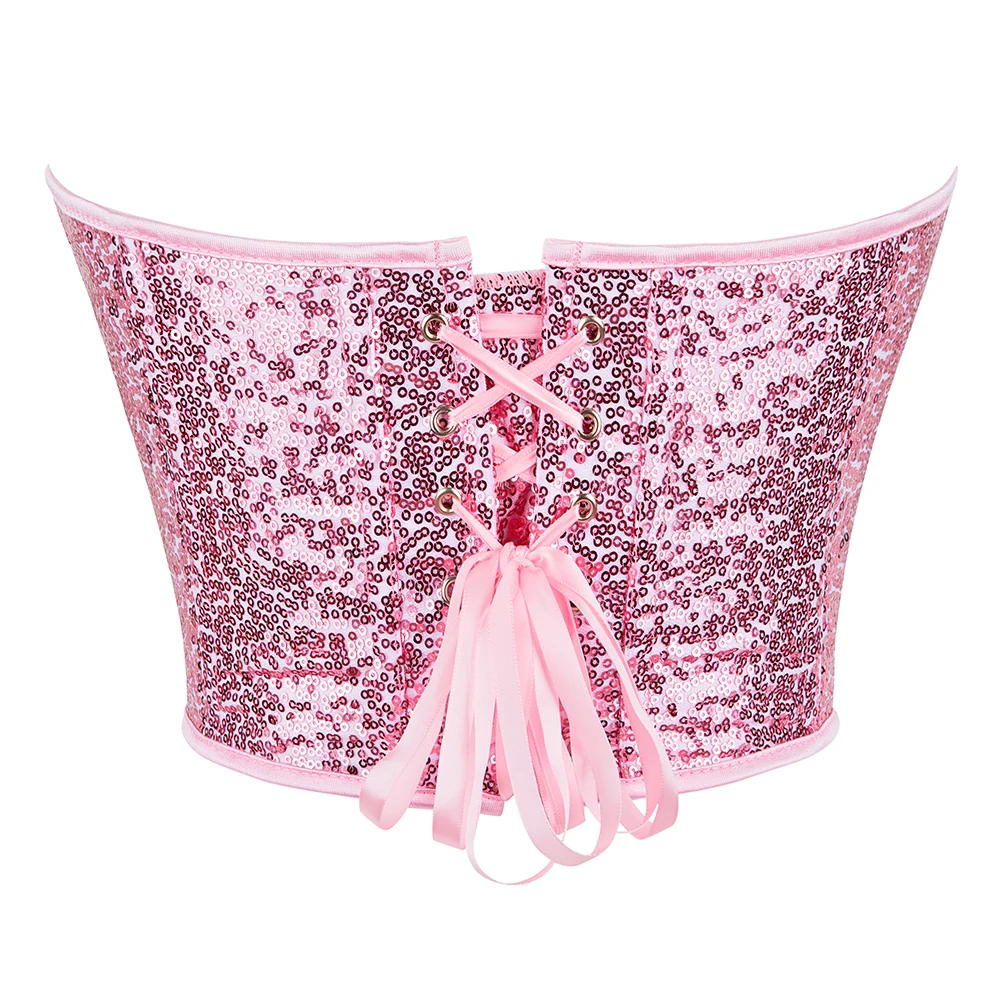 Pink Sequin Bustier Crop Top Summer Short Torso Overbust Corset Club Party Lingerie Corselet