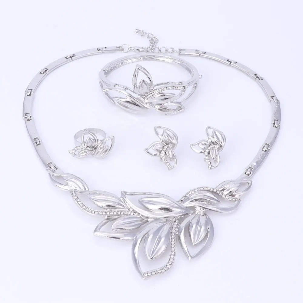 Latest New African Costume Jewelry Sets Silver Color Leaves Shape Necklace Set Wedding Elegant Costume Jewelry Set