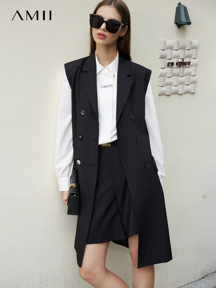 

AMII Minimalist Vest Women 2023 Spring New Commuter Fashion Versatile Double-breasted Capable Vintage Office Lady Coats 72341027