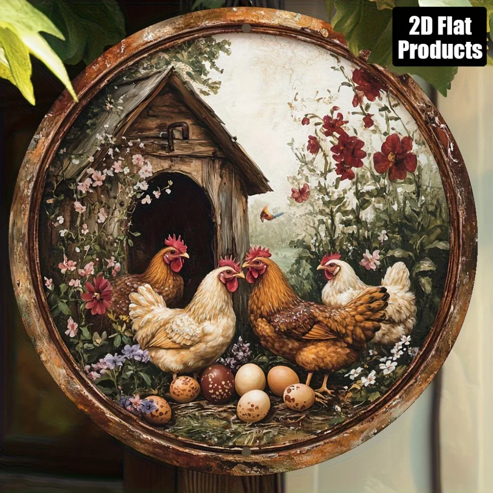 Rundes Metallschild „Vintage Huhn und Ei“ – 20,3 x 20,3 cm, 2D-flache Aluminium-Wandkunst, Party-Dekoration für das Heimbüro, perfektes Geschenk für Freunde