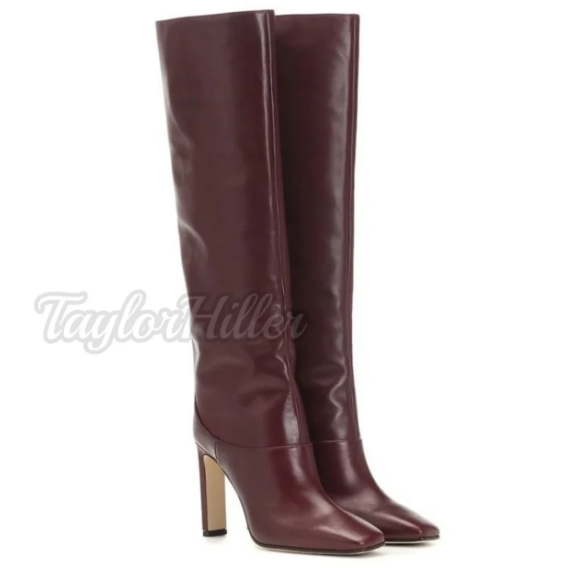 

Autumn Winter Burgundy Boots Square Toe Slip On Pull On Knee-high Botas Solid Leather Concise Office Lady Shoes New Plus Size 48
