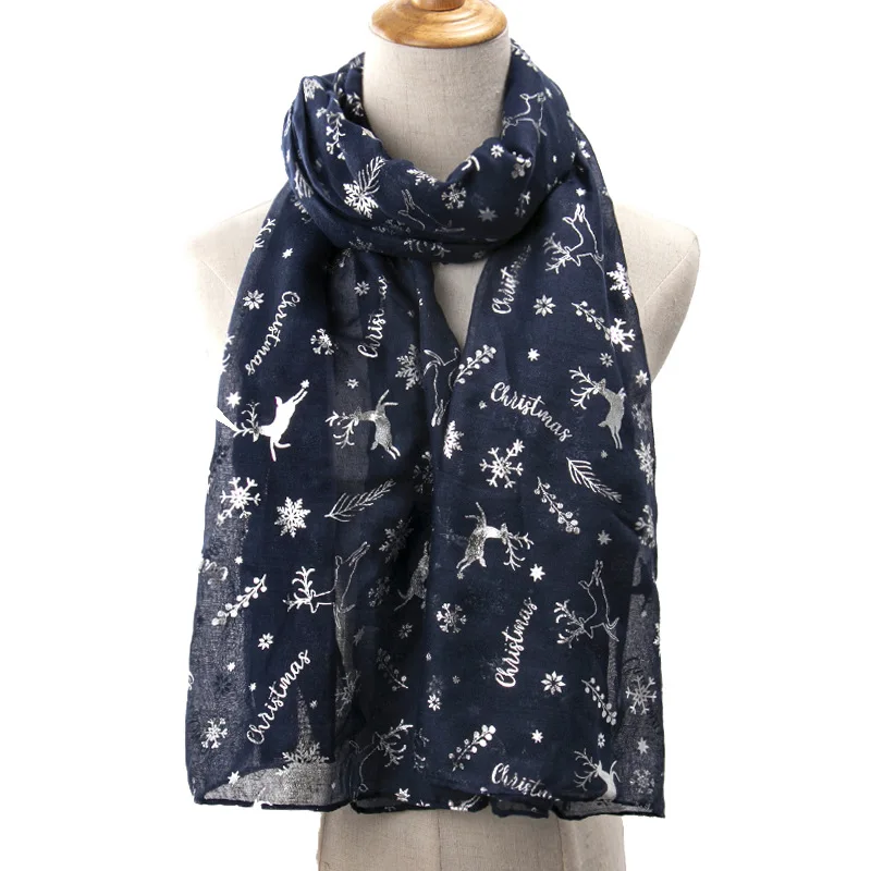 2025 New European and American Style Hot Silver Christmas Scarf with Deer Snow Print Scarf Scarf Neck Christmas Long Scarf