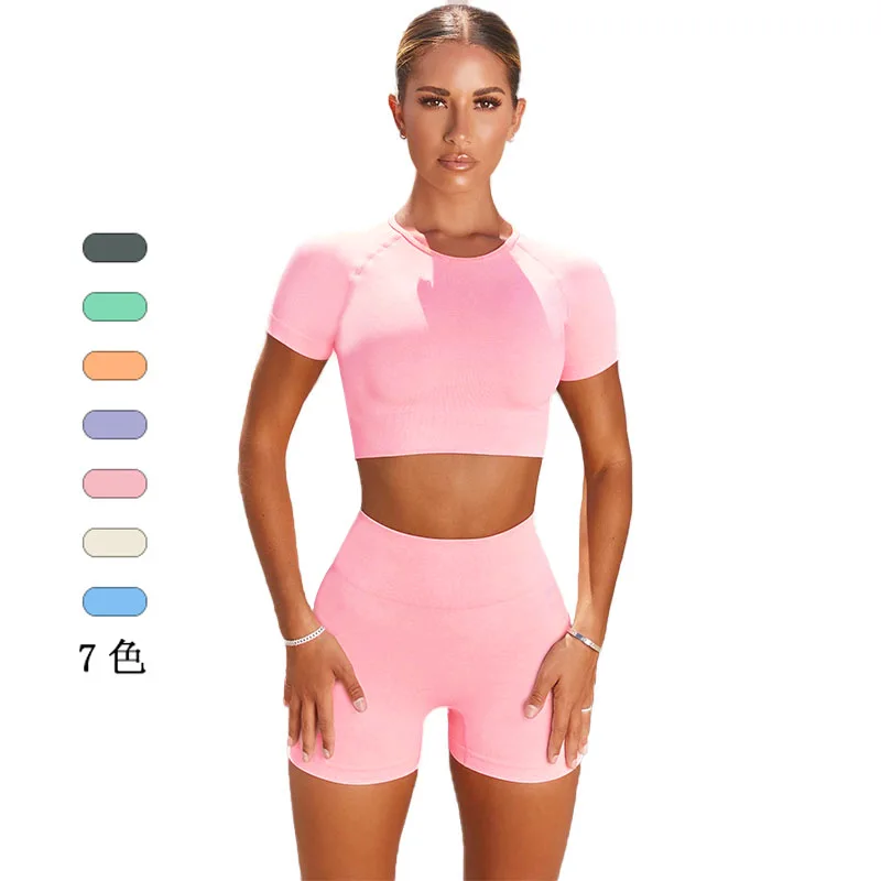 2 Pcs Impact Sports Sets Short Sleeve Seamless Yoga Top Fitness Set Women Workout Running Sports Shorts Gym Suit