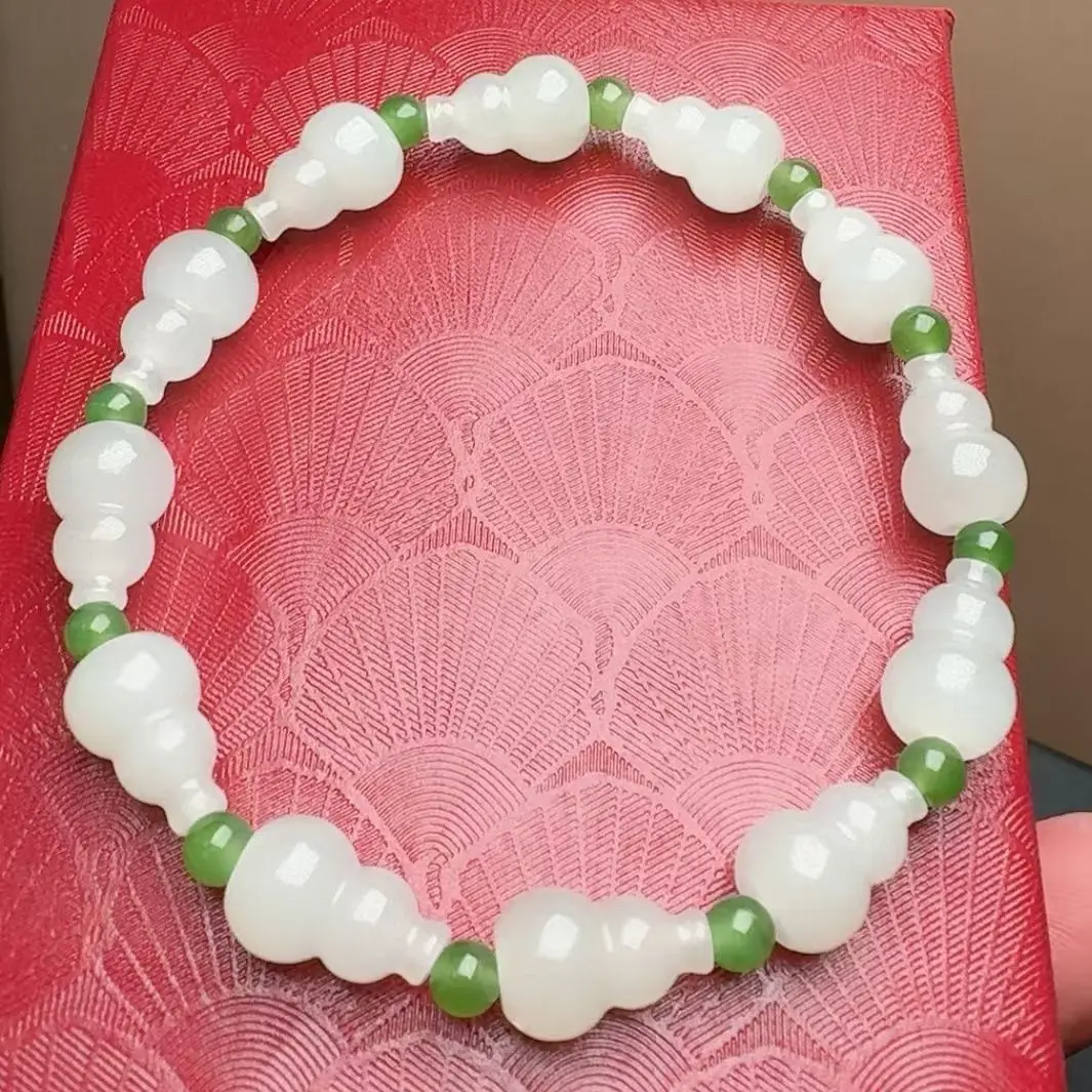 Direct supply from the source! 8x13mm Hetian jade gourd bracelet, jasper round beads, wealth double collection fidelity bracelet