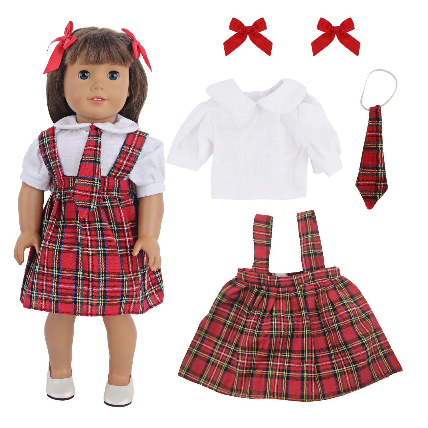 Doll Clothes Student Suit For 18Inch American Doll Strappy skirt+ hirt+tie +hairclip Suit Outfit For 43cm Baby Newborn Girl Doll
