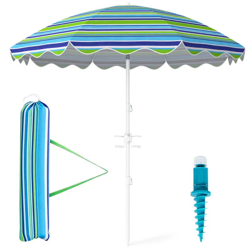 6.5 Ft Beach Umbrella With Spiral Sand Anchor, Silver Coated Polyester Fabric, Tilt Function And Dual Cup Holders, Portable Shade For Garden Pool Patio, Green