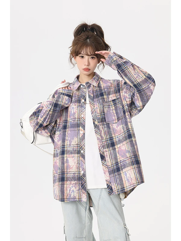 

Мужская демисезонная свободная повседневная куртка в стиле ретро, с эффектом тай-дай и клетчатым узором, для пар, из дышащего полиэстера