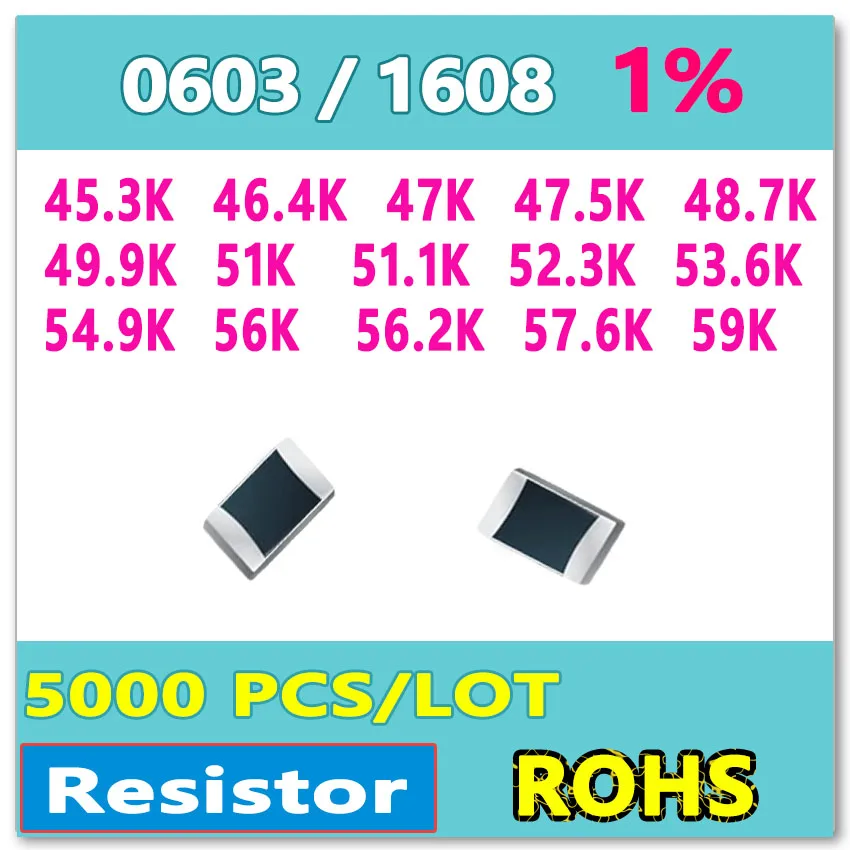 

JASNPROSMA OHM 0603 F 1% 5000pcs 45.3K 46.4K 47K 47.5K 48.7K 49.9K 51K 51.1K 52.3K 53.6K 54.9K 56K 56.2K 57.6K 59K smd 1608