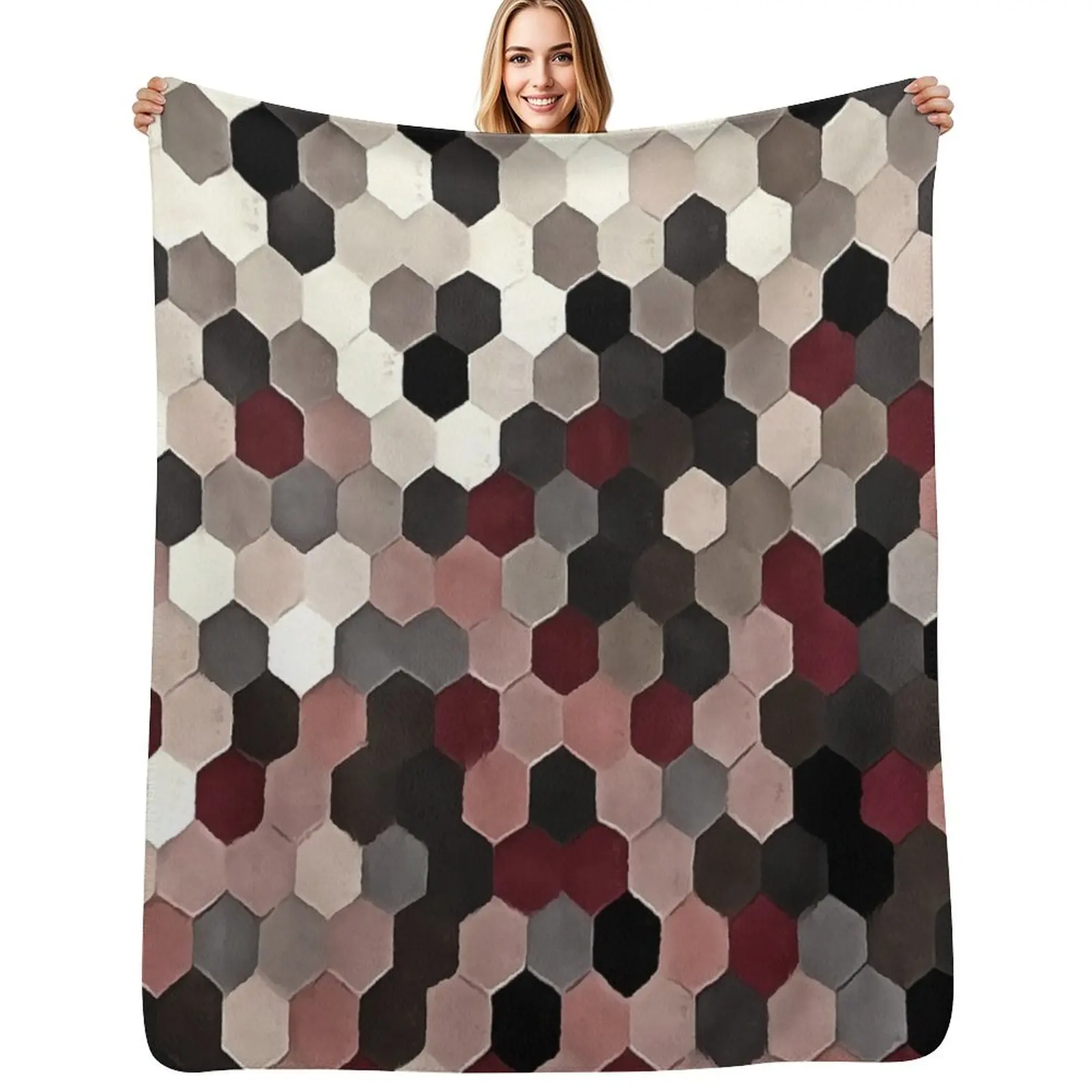Hexagon Pattern In Gray and Burgundy Autumn Colors Painting Throw Blanket For Decorative Sofa Softest Soft Beds Tourist Blankets