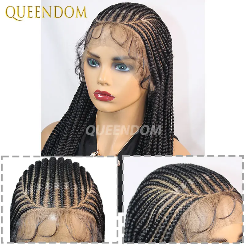 Wig Kepang Renda Penuh 36 Inci Wig Kepang Kotak Cornrow Sintetis untuk Wanita Kulit Hitam Wig Kepang Kotak Jumbo Kepang Suku Rambut Palsu
