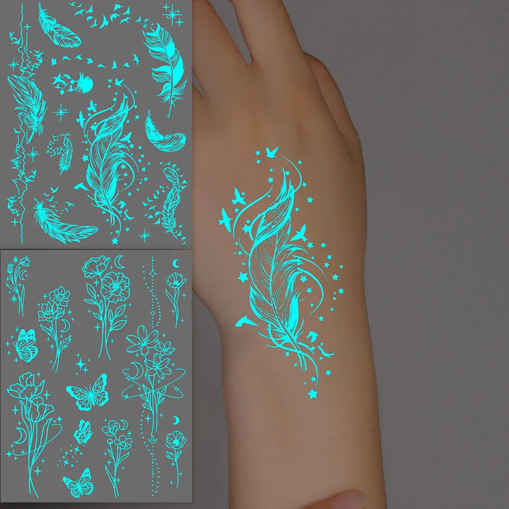 Luminous Temporary Tattoos for Women Men Butterfly Letter Number Snake Glow in the Dark Tattoo Stickers for Hand Body Decor