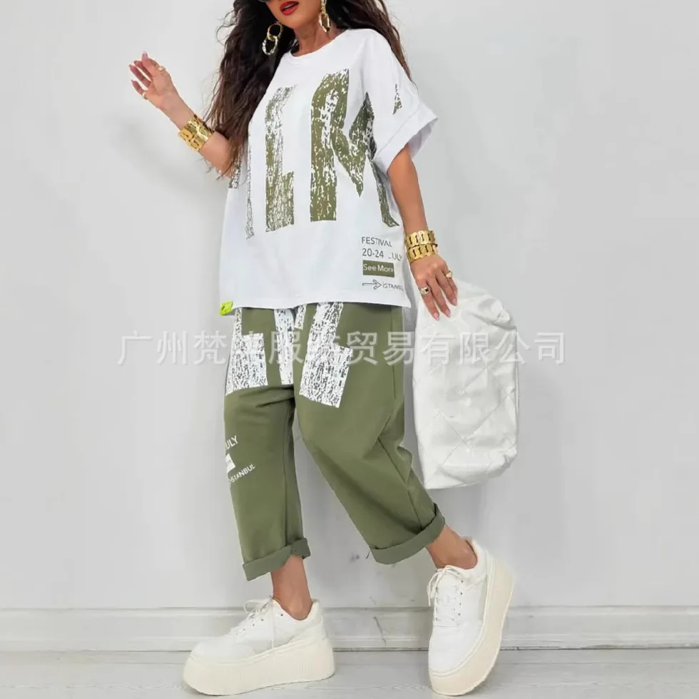 

Summer Casual 2 Pieces Set For Woman Outfit 2025 Fashion Loose Sport Tees Tops New In Matching Wide Leg Pant Sets Elegant