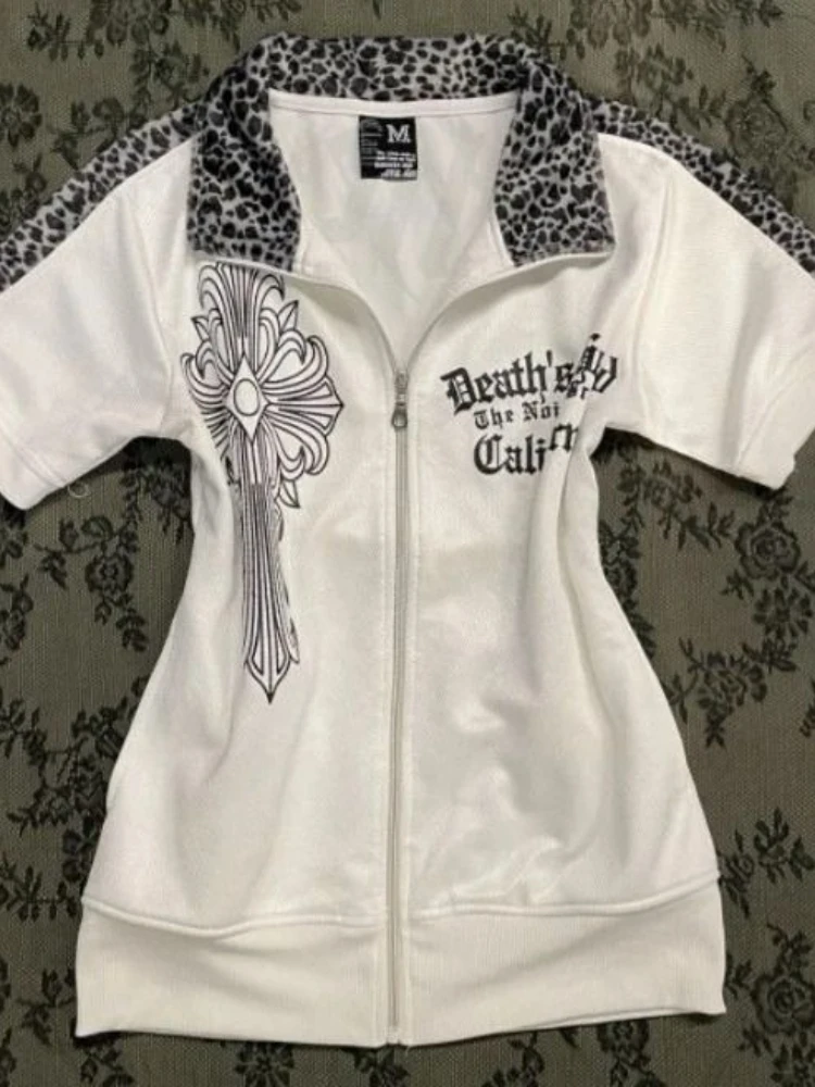 

Летний японский кардиган Y2k, пальто 2000-х годов, субкультура, леопардовый принт, футболка с короткими рукавами, женская винтажная готическая тонкая одежда, новинка