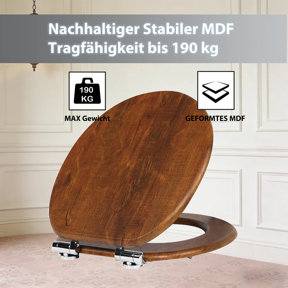 SINOBATH WC-Sitz mit Absenkautomatik MDF Holzkern Toilettendeckel Toilettensitz Antibakteriell Klobrille WC Deckel in Holzoptik