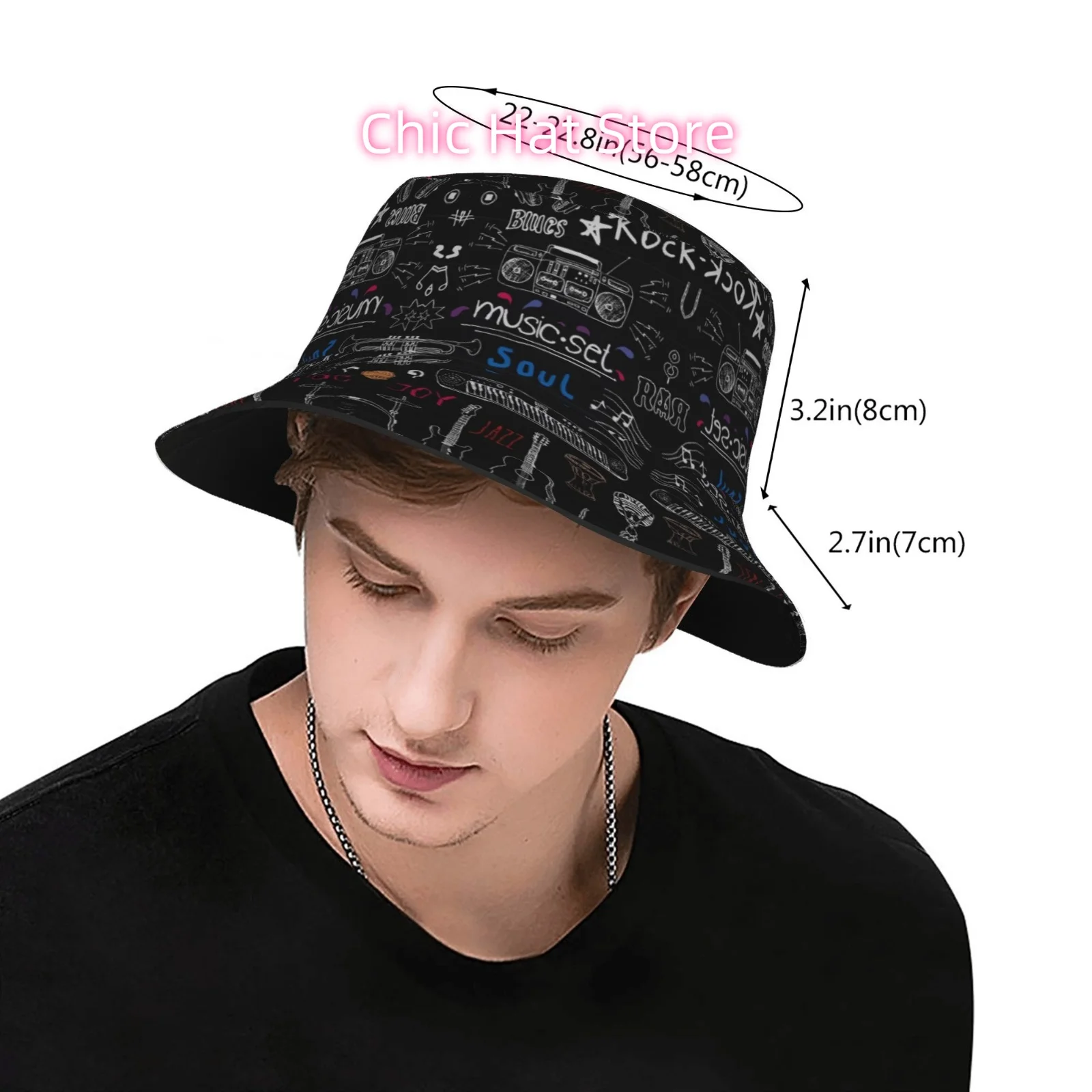 This Fully Printed Fisherman Hat Features a Chalk Music Genre Design, Making It an Ideal Unisex Outdoor Sun Hat. It'S a Stylish