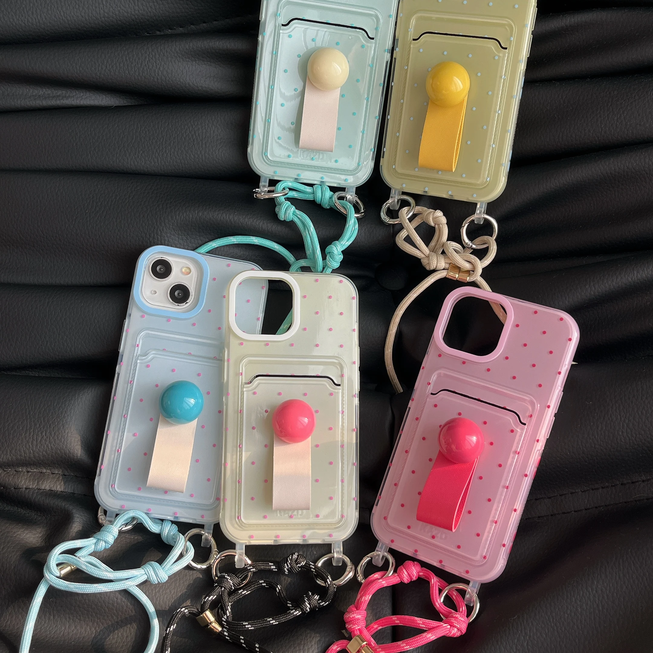 

Simple Full Screen Polka Dot Phone Case, Hand Cord Protective Case, iPhone 15Pro Max, 13, 12, Card Sleeve, New