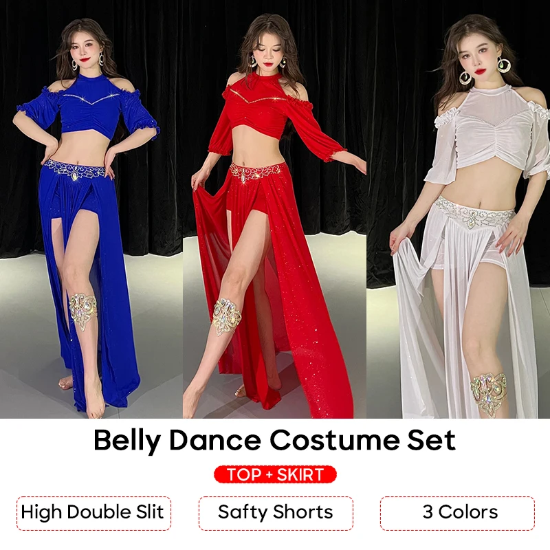 Double Slit Off Shoulder Breathable Stretchy Sexy Elegant Belly Dance Dancewear Costume Set Mesh Outfit Suit Professional Soft