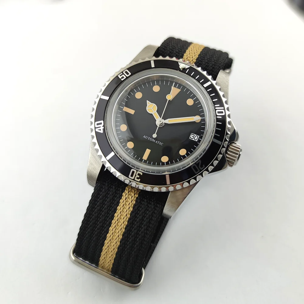 Vintage Diver Automatic Watch for Men - 316L Stainless Steel 100M Waterproof Black Dial Gold Luminous Markers Nylon Strap Retro