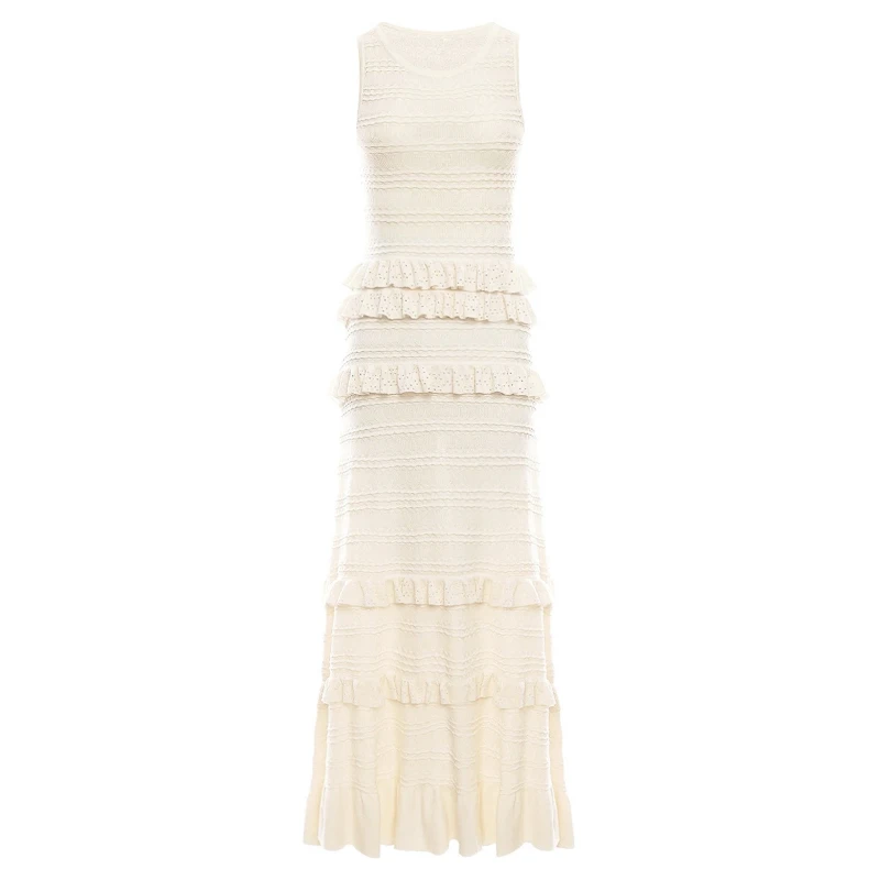 Slim Fit Ruffles Hem Lady Layered Stringy Selvedge Midi Robe Women 2025 Spring Sleeveless O-Neck Striped Knitted Long Tank Dress