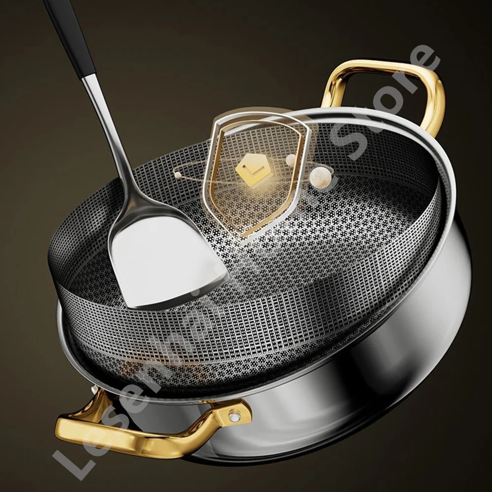 30cm Stainless Steel Soup Pot Wok Non-stick Honeycomb with lid Household Frying Pan Induction Cooker Gas Stove Universal Hot Pot