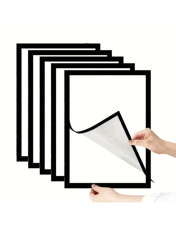 5 cadres photo magnétiques auto-adhésifs noirs, réutilisables, adaptés à la décoration murale et à l'affichage publicitaire.