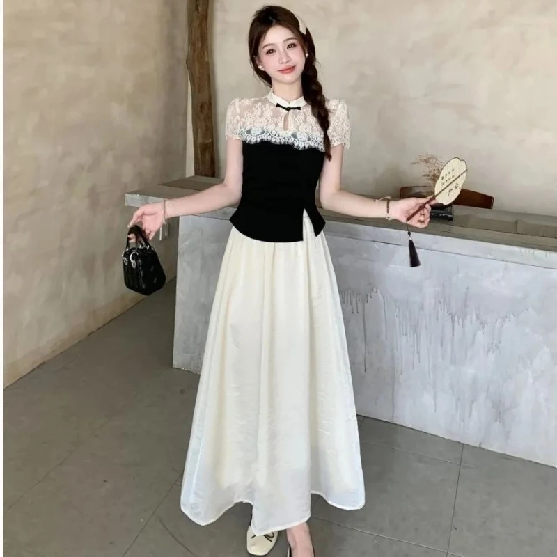 

Chinese Style 2 Pieces Skirt Sets for Women Top and Bottom Vintage Cheap Clothing Offers New Matching Korean Lace Woman Outfit