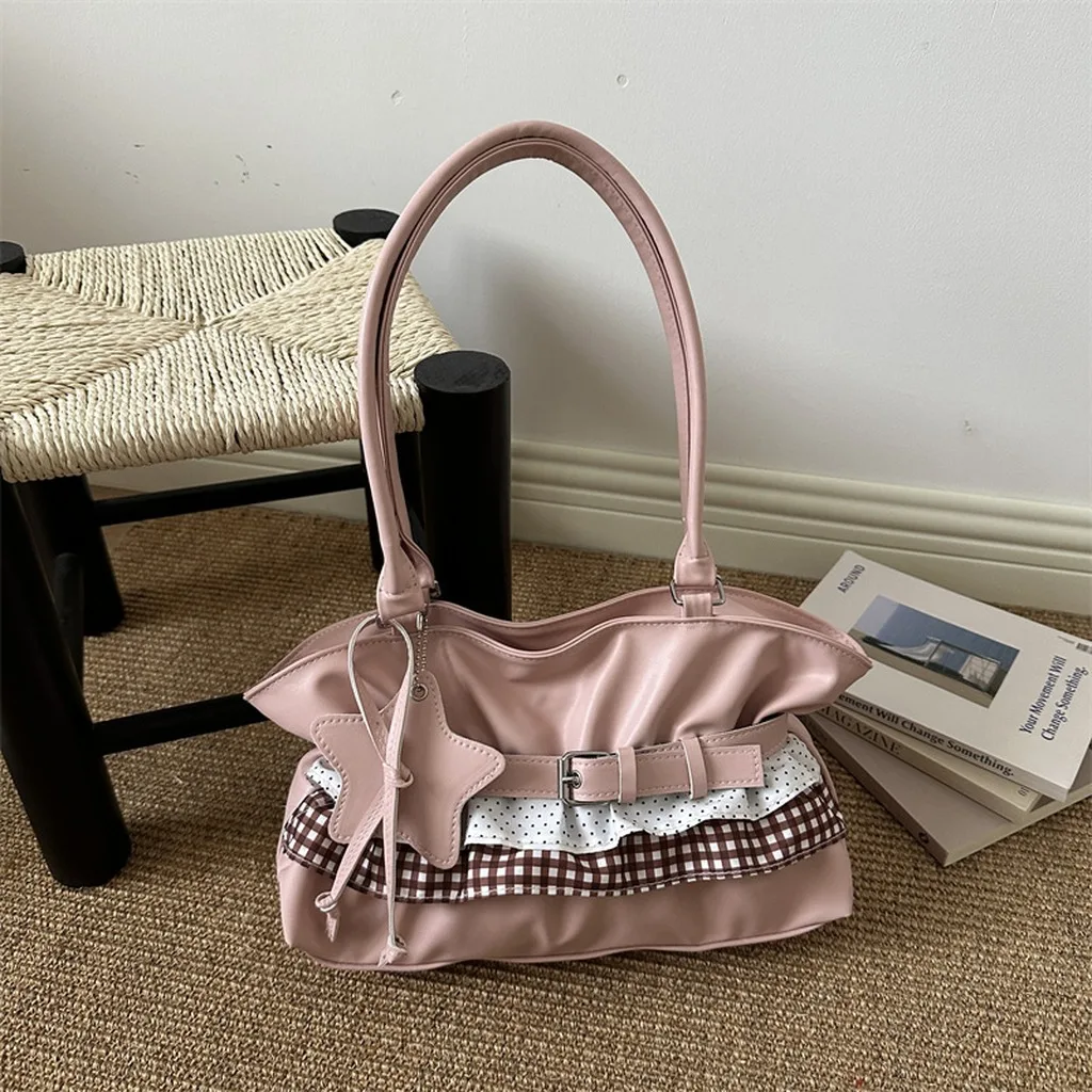 Crossbody Bag Check Patchwork Star Charm Bag Pu Leather Handbag Zipper Closure Large Capacity Tote Bag For Casual Outfits Daily