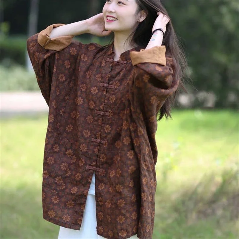 

Chinese Thin Cotton Linen Long Jacket Women Single Breasted Floral Print Shirt Coat Spring Autumn Vintage Outwear