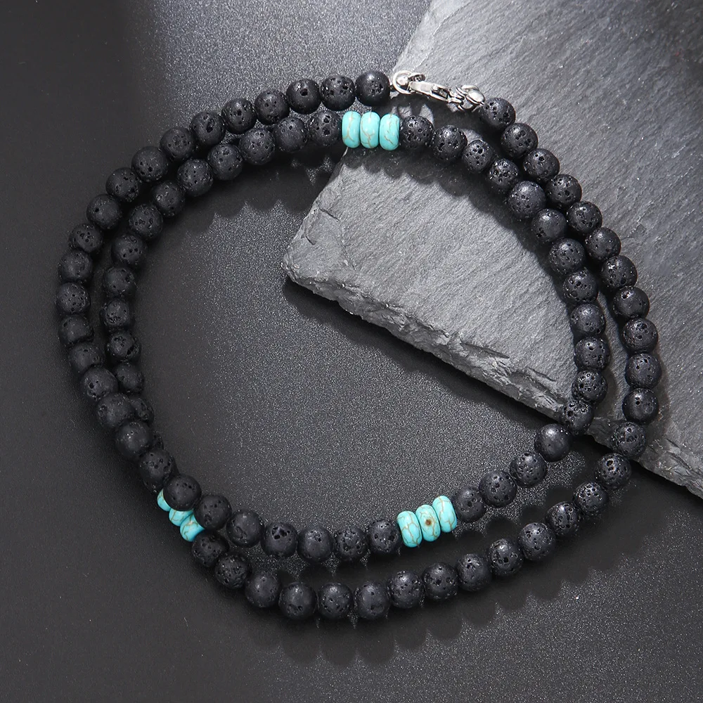 New Black Frosted Lava Stone Beaded Necklace Men Jewelry Femme Natural Stone Choker Necklaces Bijoux Classic Party Jewelry Gift