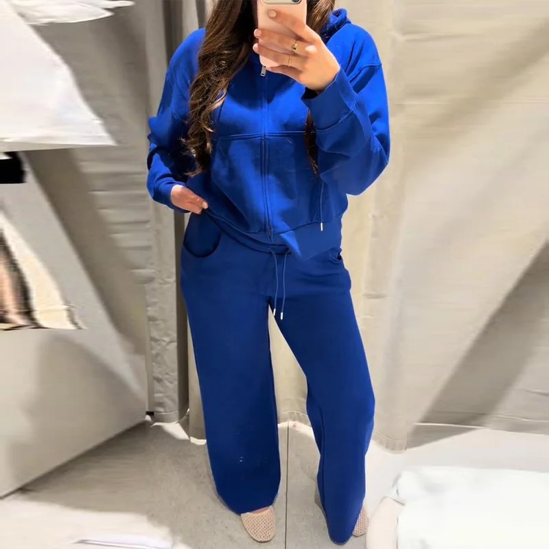 Damen-Hosen-Sets mit Kapuze, Langarm-Reißverschluss, Oversize-Mäntel, Kordelzug-Taille, Schlaghosen, Frühling-Herbst, schicke neue Outfits für Damen – Detail 5