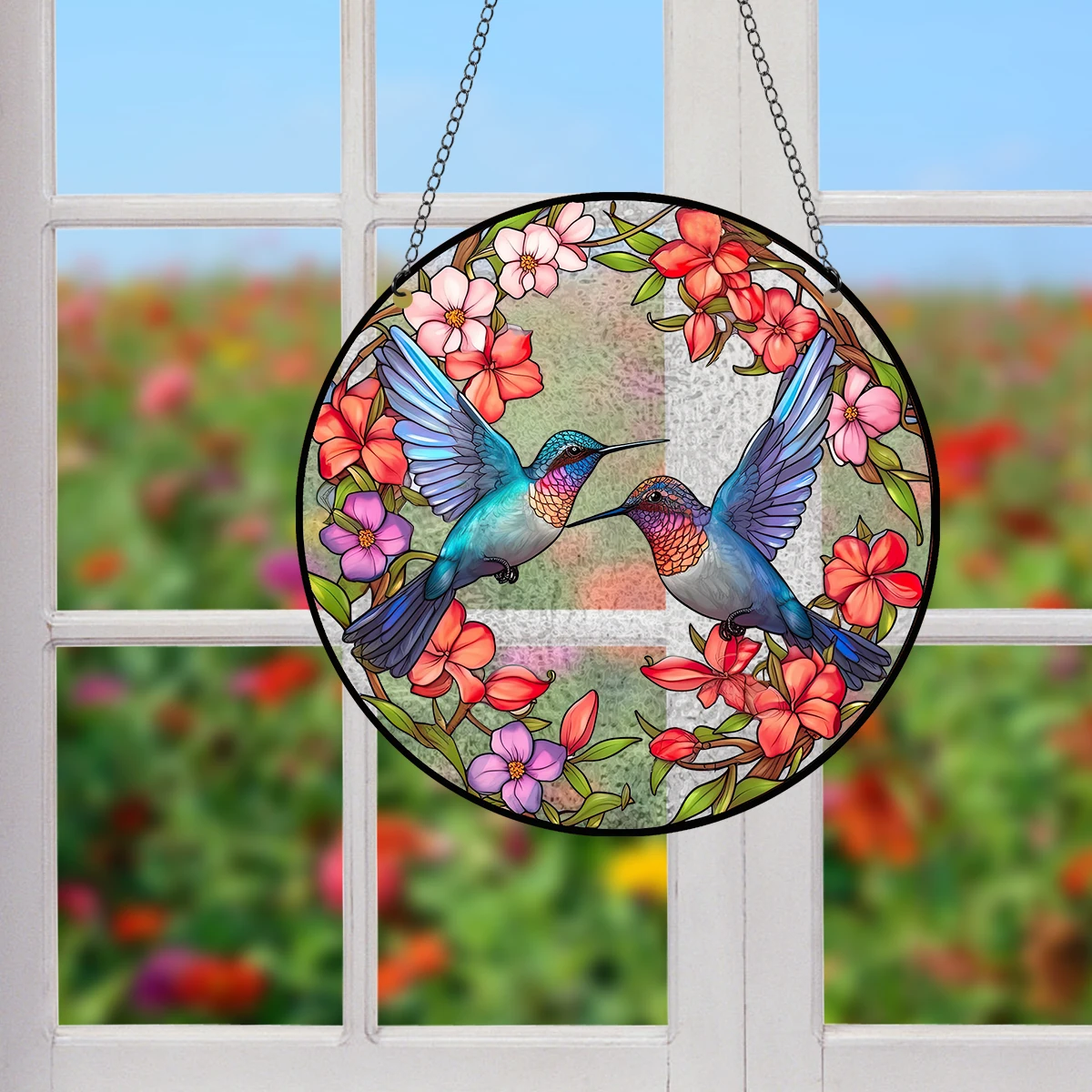Glass Pattern Hummingbird with Flower Stained Suncatcher Bird Stained Window Hangings Hummingbird Gift for Home Decor