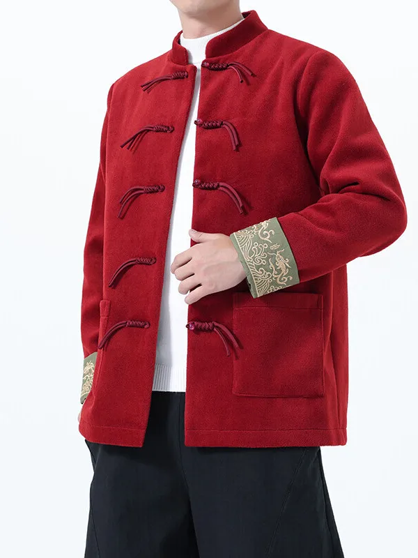 

Red Woolen Coat for Men Autumn New Chinese Sle Button Tang Suit Middle-Aged Dad Clothing Zhongan Suit Long Sve Stand C...